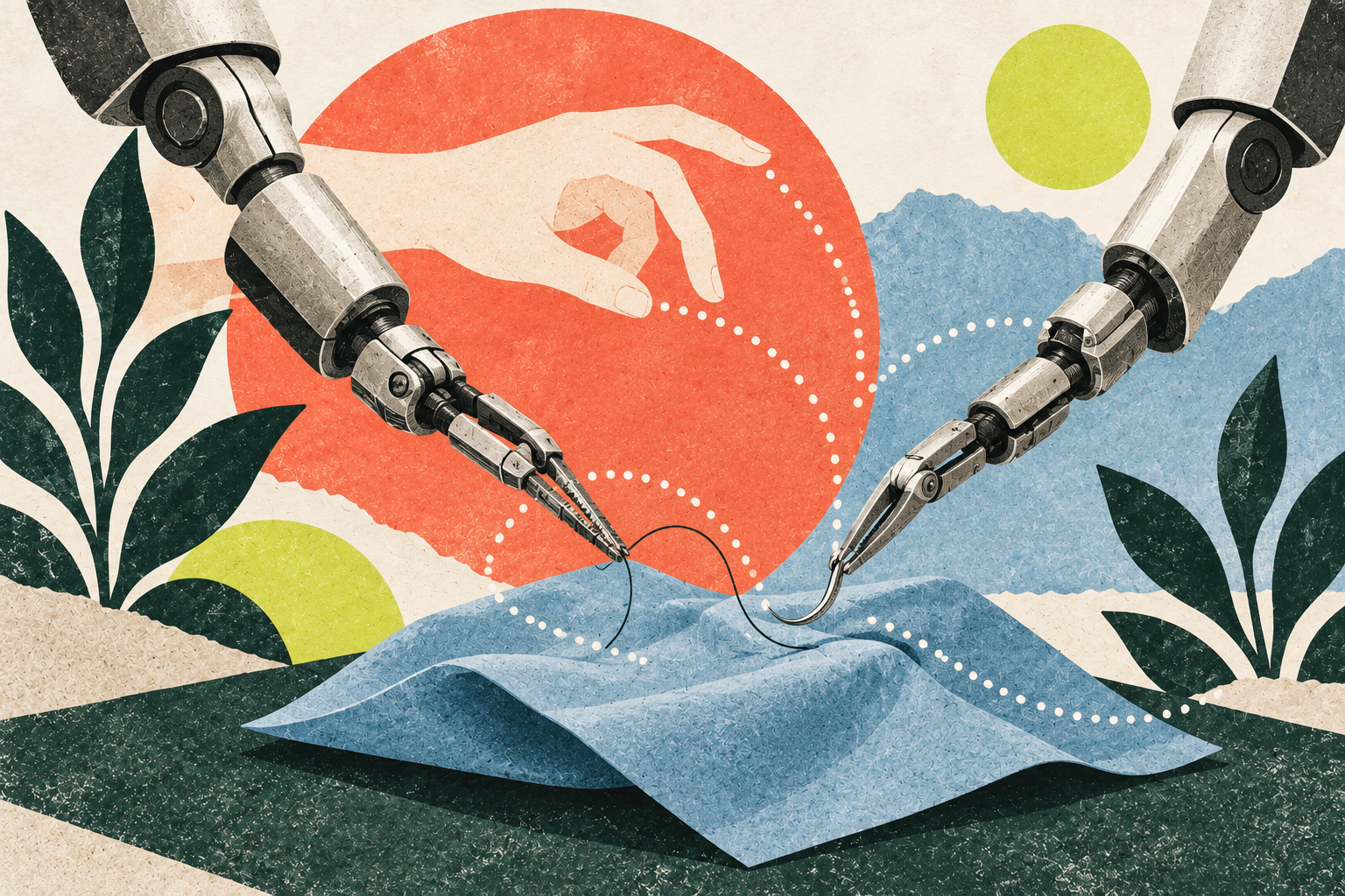 Bras robotisés dans une scène artistique d’apprentissage.