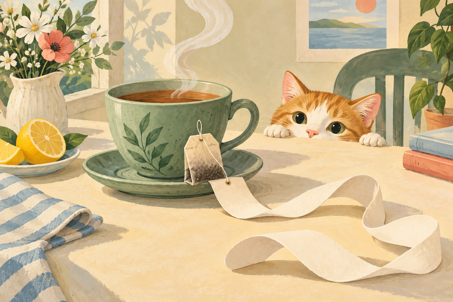 Une tasse de thé et un sachet dans une scène peinte.
