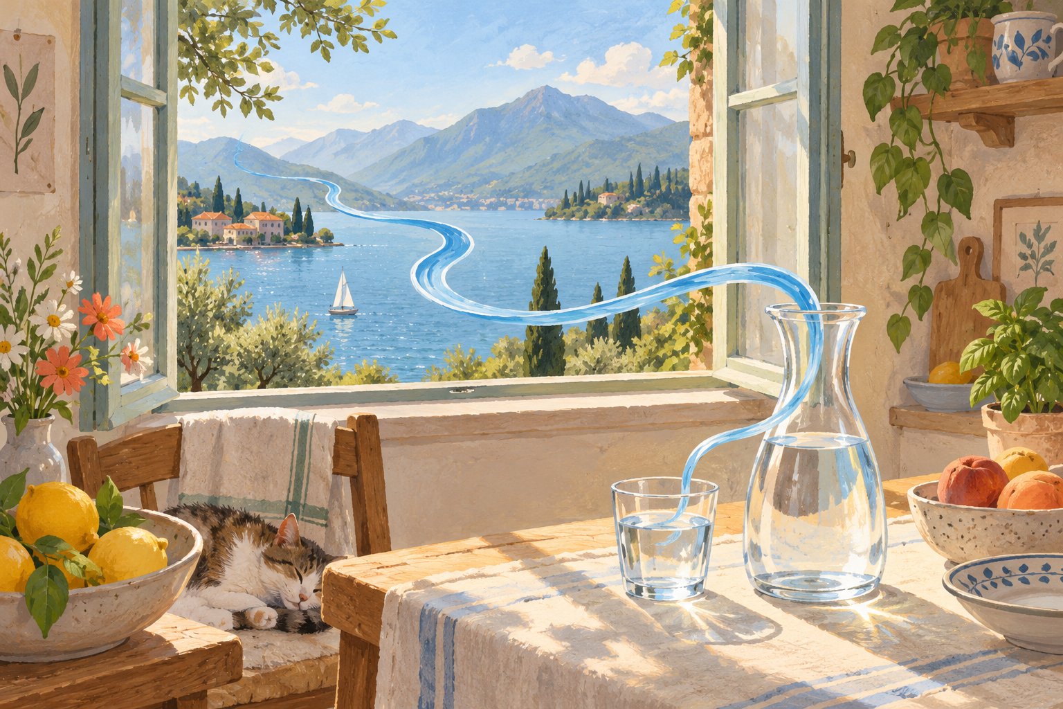 Paysage imaginaire : un ruban bleu relie un lac à une carafe.