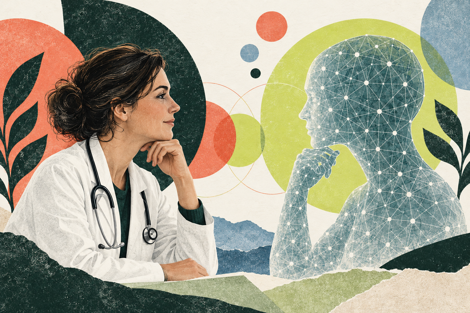 Illustration conceptuelle d’une médecin face à un profil numérique.