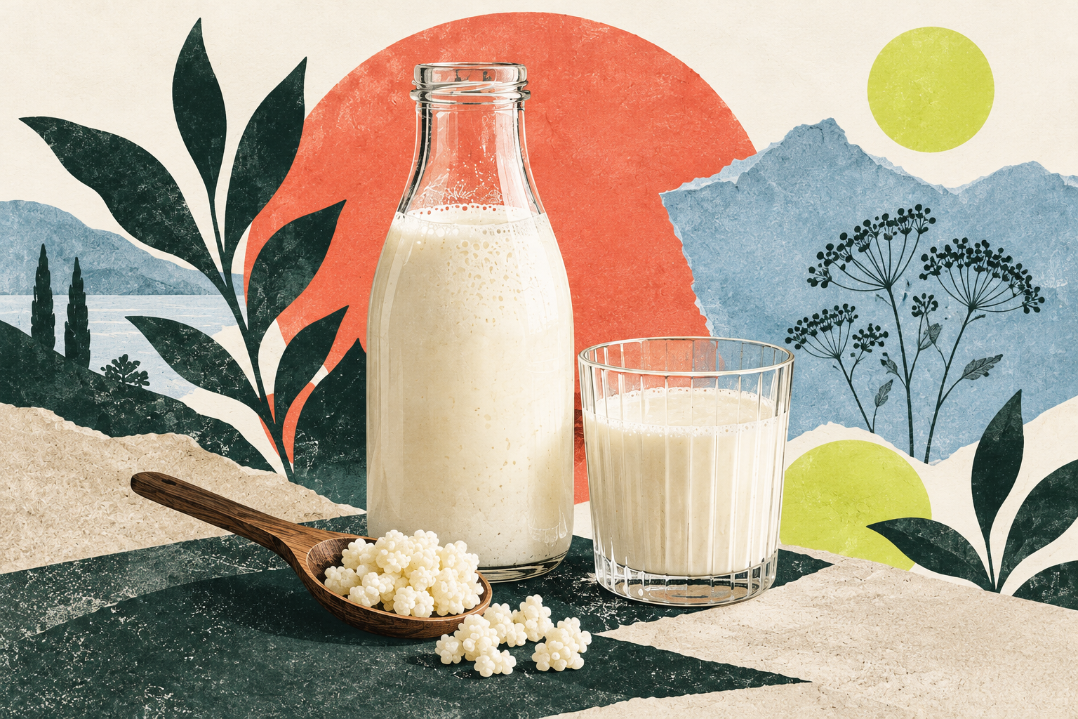 Bouteille et verre de kéfir illustrés.