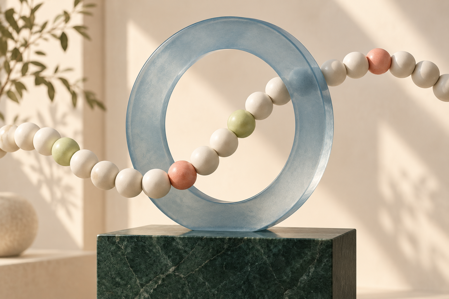 Sculpture conceptuelle : un anneau bleu et une chaîne de perles ivoire ponctuée de couleurs.